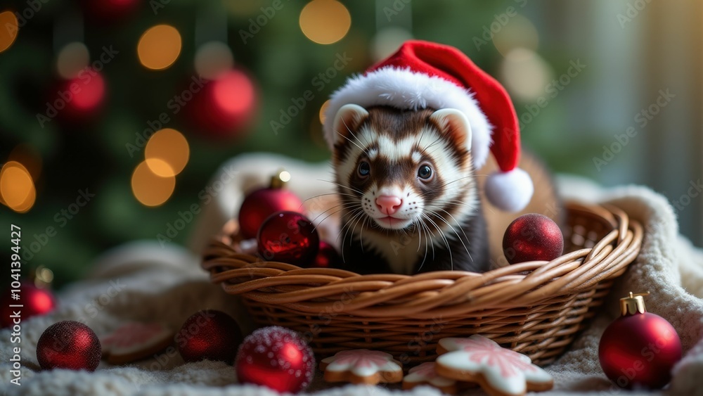 Festive ferret with Santa hat sitting in a basket surrounded by Christmas ornaments Festive ferret with Santa hat sitting in a basket surrounded by Christmas ornaments
