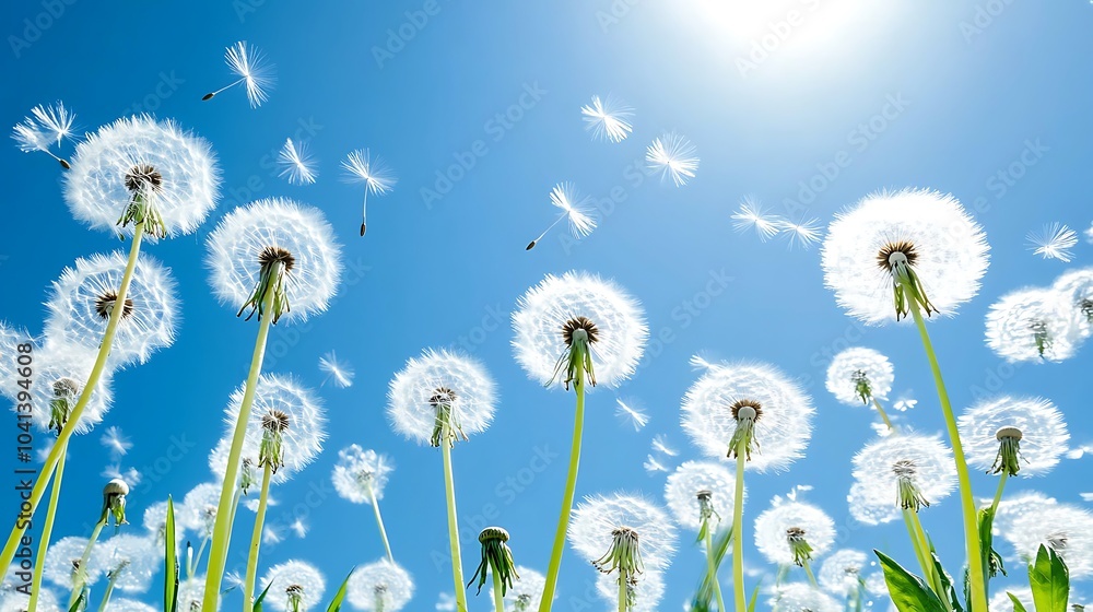 A field full of dandelions with their white fluffy seed heads swaying in the breeze, under a bright blue sky, evoking feelings of freedom and nature A field full of dandelions with their white fluffy seed heads swaying in the breeze, under a bright blue sky, evoking feelings of freedom and nature