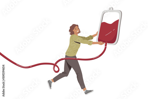 Woman blood donor carries iv for transfusion to save person injured in car accident. Girl donor of blood or plasma and bone marrow is ready to sacrifice herself for sake of altruism