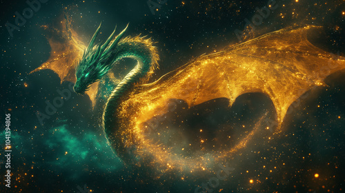 majestic dragon with glowing golden wings soars through starry sky