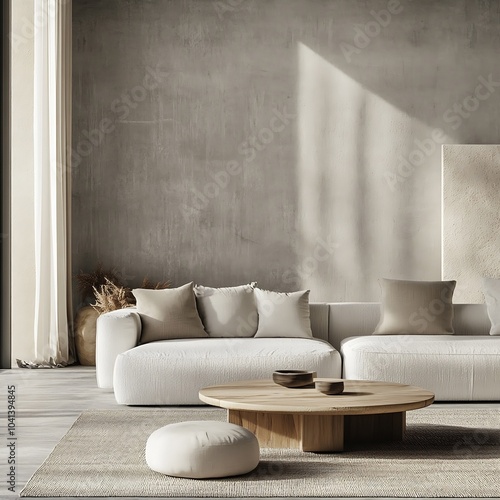 modern living room with neutral tones, cozy textures, and minimalistic décor featuring a wooden coffee table.