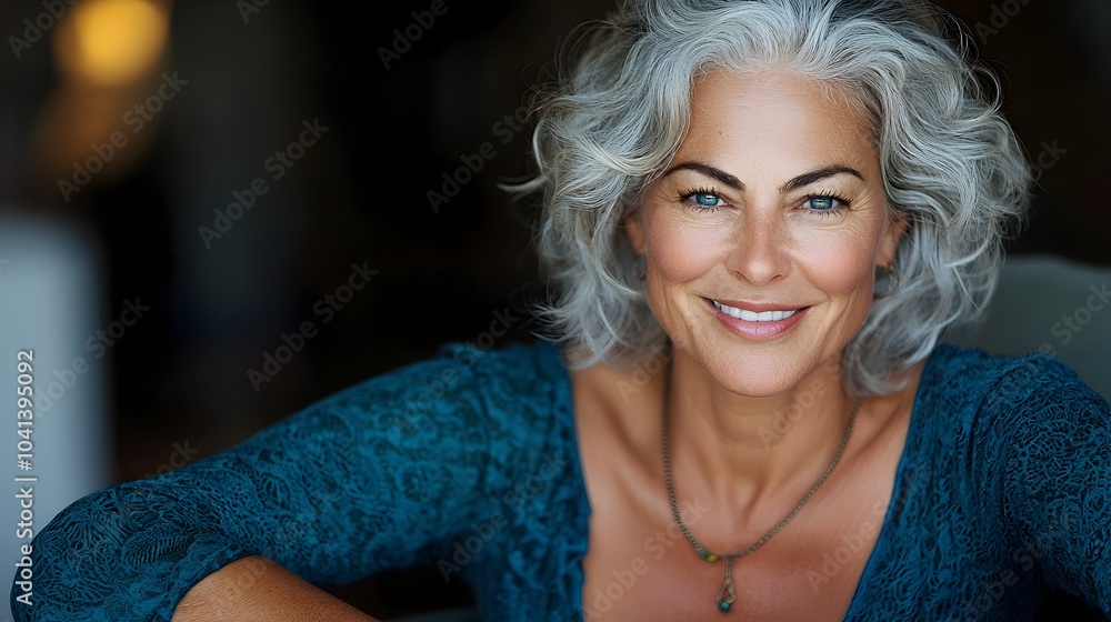 Smiling and Relaxed Mature Woman with Gray Curly Hair Sitting Comfortably on Couch in Peaceful and Cozy Domestic Home Environment Smiling and Relaxed Mature Woman with Gray Curly Hair Sitting Comfortably on Couch in Peaceful and Cozy Domestic Home Environment