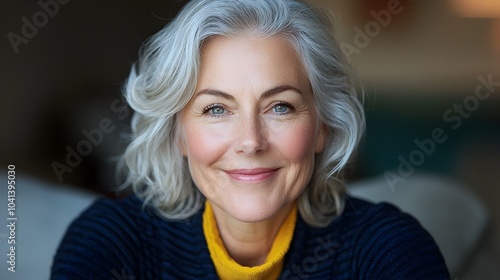 Wallpaper Mural Cheerful senior woman with gray curly hair sitting relaxed on a comfortable couch looking warmly and smiling at the in a cozy and inviting home environment Torontodigital.ca
