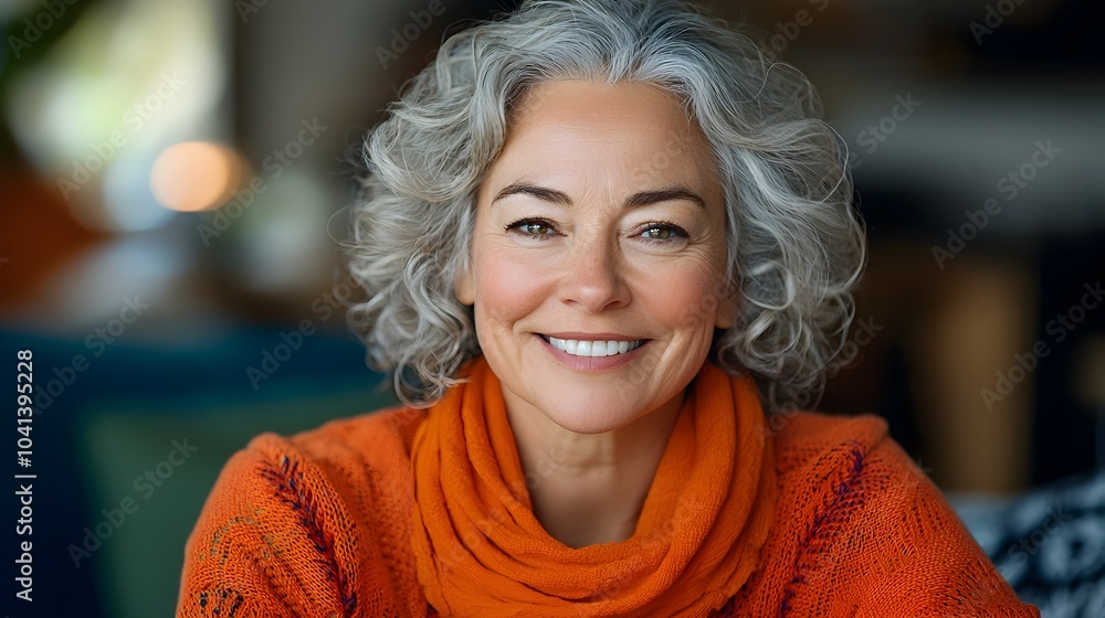 Portrait of a happy elderly woman with curly gray hair sitting comfortably on a sofa in a warm homey living room setting exuding a sense of contentment and relaxation Portrait of a happy elderly woman with curly gray hair sitting comfortably on a sofa in a warm homey living room setting exuding a sense of contentment and relaxation