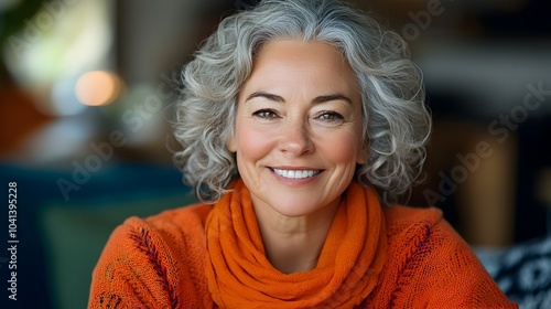 Portrait of a happy elderly woman with curly gray hair sitting comfortably on a sofa in a warm homey living room setting exuding a sense of contentment and relaxation