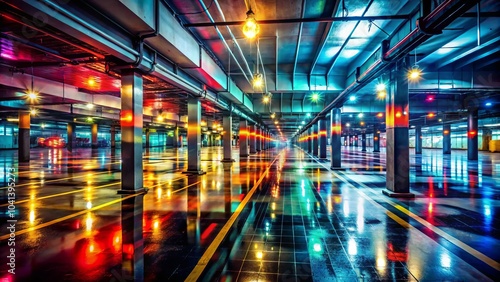 Captivating Double Exposure Photography of an Underground Car Parking Garage Blending Urban Architecture and Abstract Light Patterns for Stunning Visual Impact photo