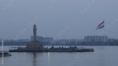 Beautiful evening view of Buddha statue at Hussain sagar lake. Hyderabad, India.  photo