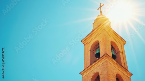 Majestic Church Bell Tower Against Clear Blue Sky