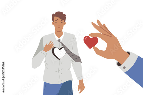 Businessman lost heart due to betrayal of partner or company employee who stole idea for startup. Young guy office worker with broken heart needs to restore relationship with girlfriend