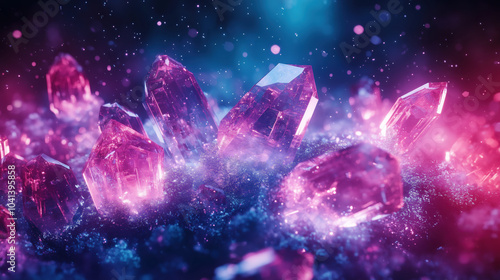 Glowing pink crystals on dark backdrop create mystical atmosphere