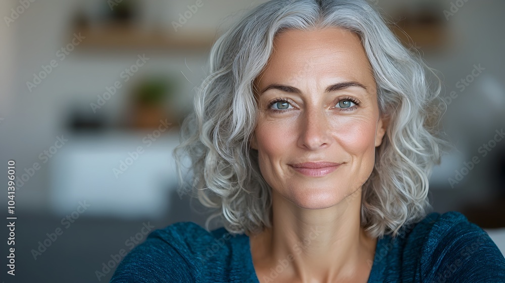 Cheerful Middle Aged Woman with Gray Curly Hair Relaxing Comfortably on Sofa in Warm and Cozy Home Interior Casual Portrait of Mature Female Enjoying Peaceful Moment in Comfortable Domestic Setting Cheerful Middle Aged Woman with Gray Curly Hair Relaxing Comfortably on Sofa in Warm and Cozy Home Interior Casual Portrait of Mature Female Enjoying Peaceful Moment in Comfortable Domestic Setting