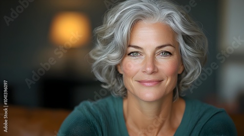 Serene and content mature woman with gray curly hair sitting comfortably on a sofa in her living room and smiling gently at the in a relaxed cozy domestic setting