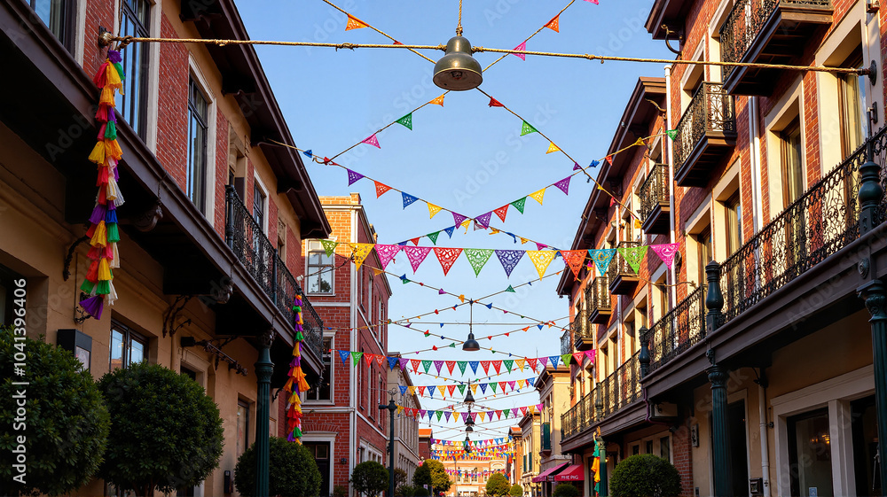 Fototapeta premium Colorful Festival Flags Hanging Between Buildings
