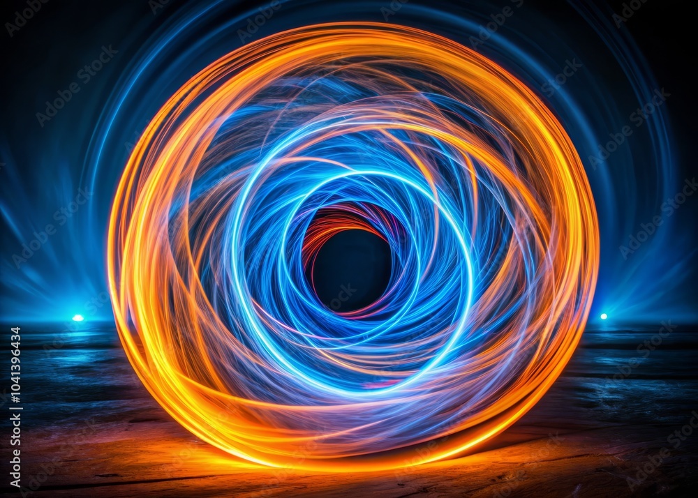 Fototapeta premium Captivating Long Exposure Photography of a Blue and Orange Light Circle, Ethereal Glow, Night Scene, Abstract Art, Colorful Illumination, Dynamic Energy, Artistic Expression