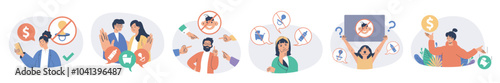 Childfree by choice concept set with characters in flat design for web. People make decision not to have children and develop career, denied parenthood, get society pressure. Vector illustrations.