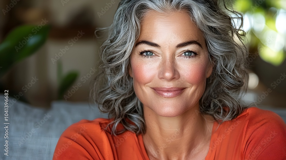 Smiling mature woman with curly gray hair sits comfortably on a soft couch in her cozy living room exuding a sense of warmth and positivity Smiling mature woman with curly gray hair sits comfortably on a soft couch in her cozy living room exuding a sense of warmth and positivity