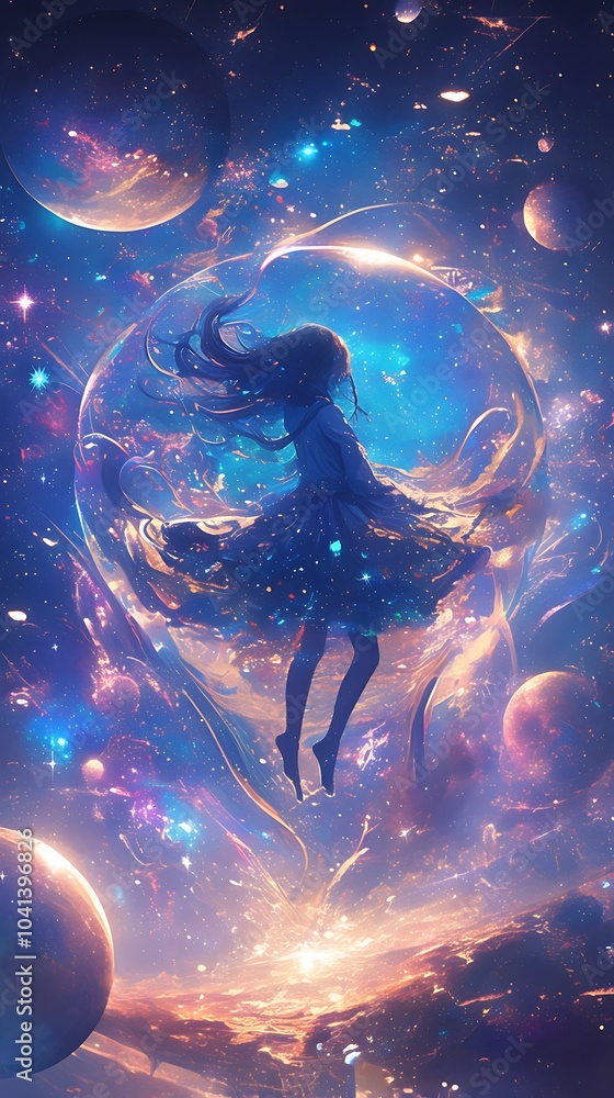 Fototapeta premium Dreamy anime girl floating in space, surrounded by glowing planets and twinkling stars, her hair and clothes flowing in the cosmic wind, vibrant nebulae and galaxies swirling in the distance,