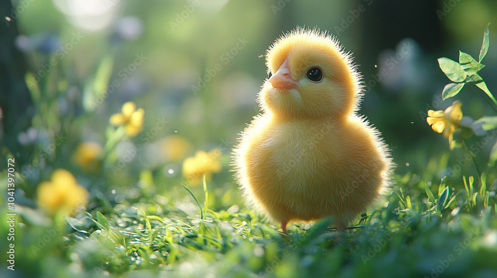 Small newborn chick stands on green grass. Spring mood. Background for an Easter greeting or a postcard Small newborn chick stands on green grass. Spring mood. Background for an Easter greeting or a postcard