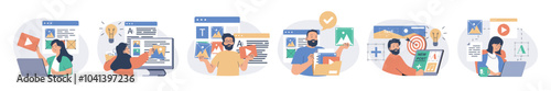 Content manager concept set with characters in flat design for web. People filling sites with images and graphics, writing articles for publication, making posts in online blog. Vector illustrations.