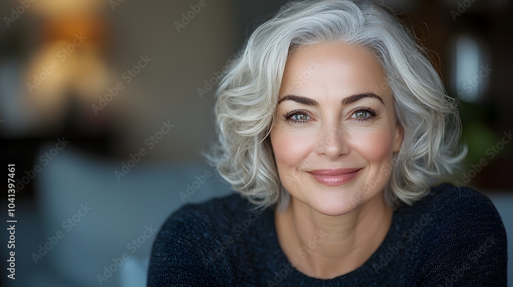 Smiling and Relaxed Mature Woman with Gray Curly Hair Sitting Comfortably on a Couch in a Cozy and Inviting Living Room Setting Smiling and Relaxed Mature Woman with Gray Curly Hair Sitting Comfortably on a Couch in a Cozy and Inviting Living Room Setting