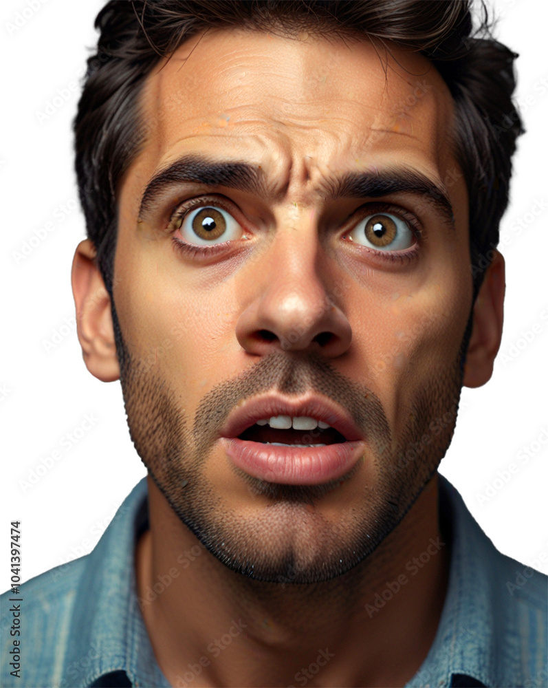 Close-up of a man looking surprised, raised eyebrows and a wide-open mouth in disbelief Close-up of a man looking surprised, raised eyebrows and a wide-open mouth in disbelief