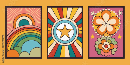 Retro abstract art panels featuring rainbow, starburst, and floral designs for vintage décor