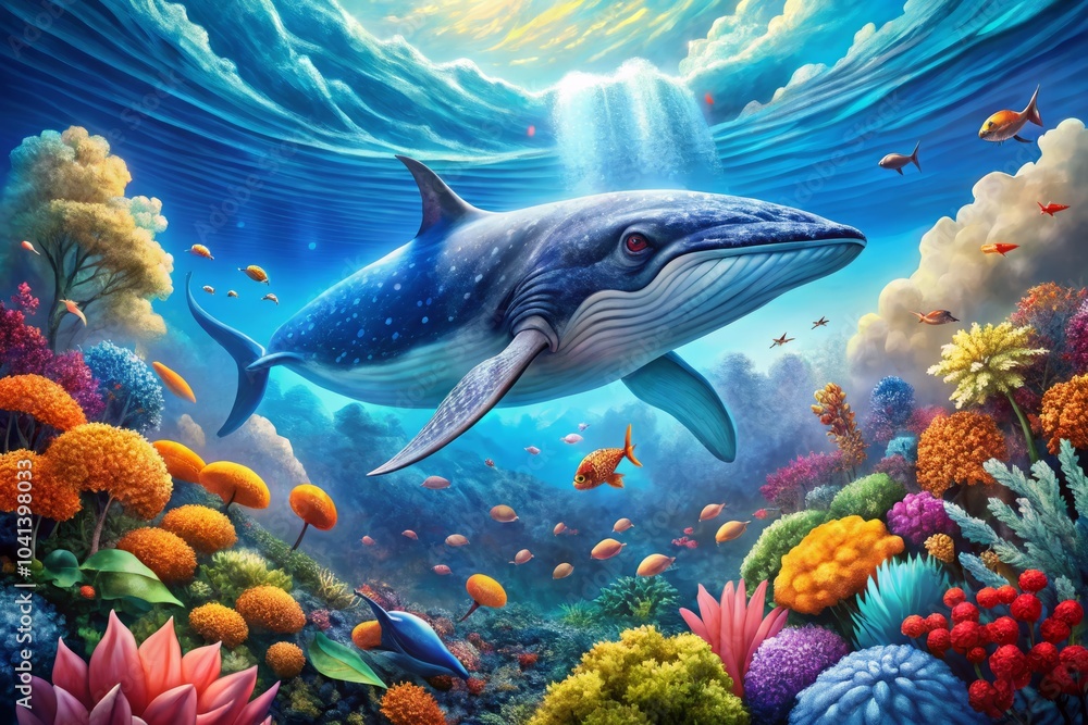 Fototapeta premium Cartoon Blue Giant Whale in a Vibrant Ocean Landscape - Enchanting Underwater Scene with Colorful Marine Life and Whimsical Elements for Stunning Panoramic Photography