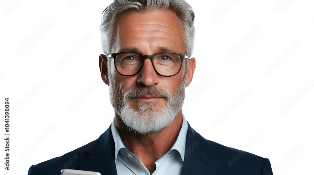 Mature businessman in suit looking to the side while using his cellphone on a plain white studio backdrop Corporate executive in professional attire working or communicating with mobile device Mature businessman in suit looking to the side while using his cellphone on a plain white studio backdrop Corporate executive in professional attire working or communicating with mobile device