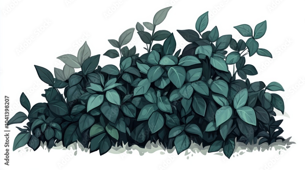 Dark Green Foliage Cartoon Style Bush Illustration