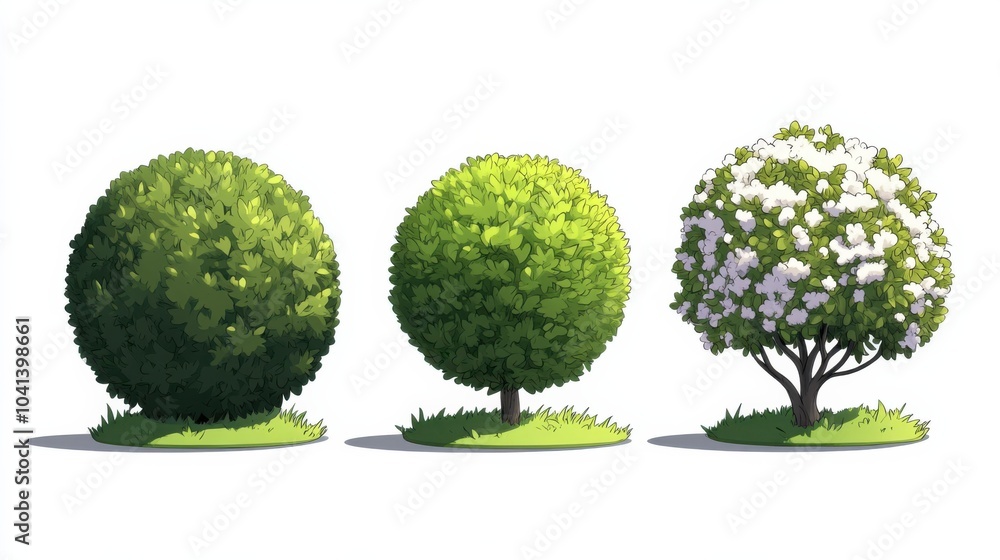 Cartoon Style Soft Leafy Bushes and Trees Design