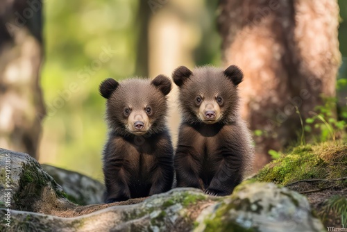 Adorable bear cubs exploring their forest home. 