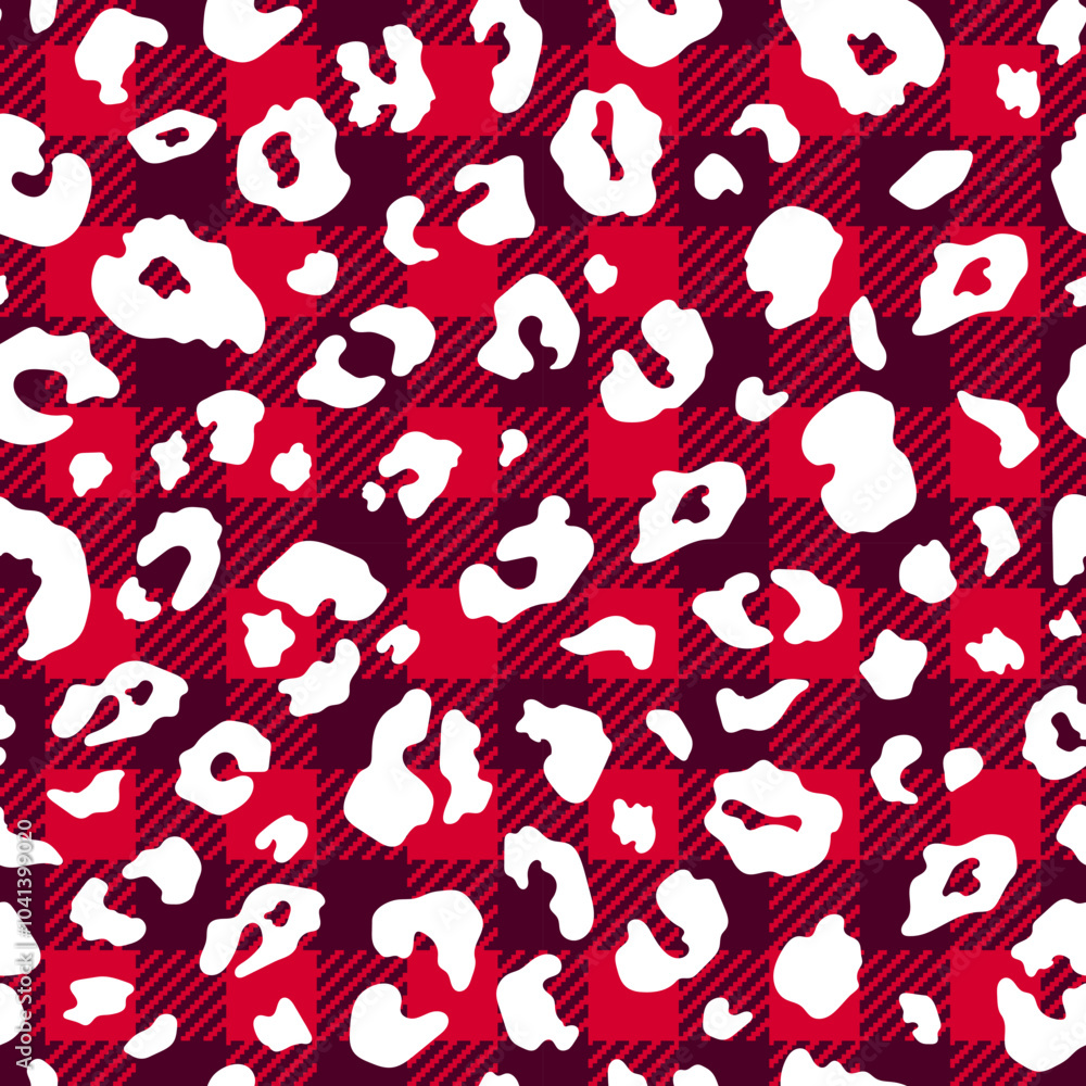 Trendy abstract seamless pattern. Red Buffalo Plaid background with white leopard spot texture. Vector checkered plaid and animal cheetah skin print for fashion, fabric, wrapping, Christmas decor. Trendy abstract seamless pattern. Red Buffalo Plaid background with white leopard spot texture. Vector checkered plaid and animal cheetah skin print for fashion, fabric, wrapping, Christmas decor.