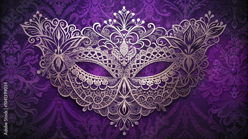 Ornate Silver Lace Mask on Purple Velvet Background