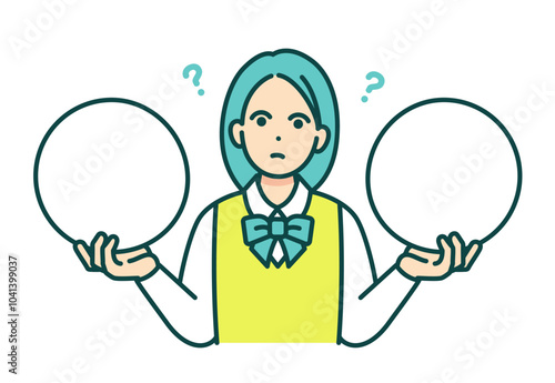 ブレザーを着た高校生が考え込む。選択に迷う女の子のベクターイラスト素材。