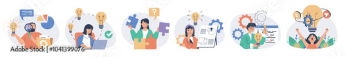 Creative business concept set with characters in flat design for web. People thinking and finding best solutions, brainstorming with inspiration, develop company with innovation. Vector illustrations.