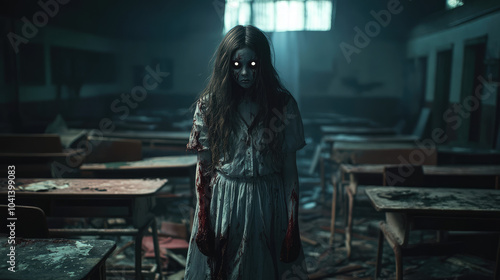 Scary ghost girl with hollow eyes and a spectral appearance, set against a dimly lit, abandoned school with broken desks and an unsettling ambiance.