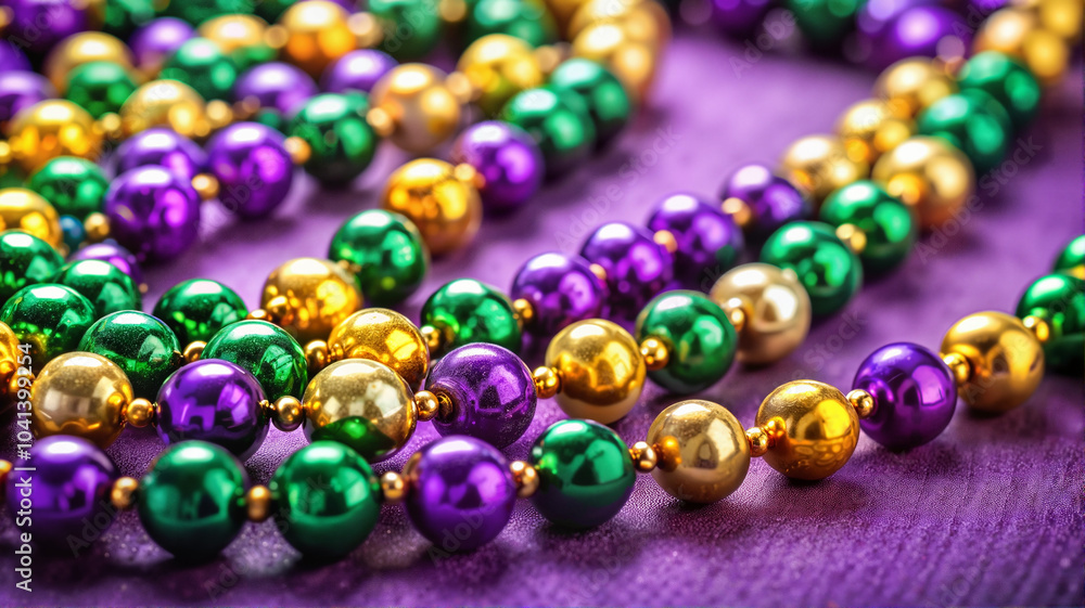 Mardi Gras Beads in Green, Gold, and Purple on Purple Fabric Mardi Gras Beads in Green, Gold, and Purple on Purple Fabric