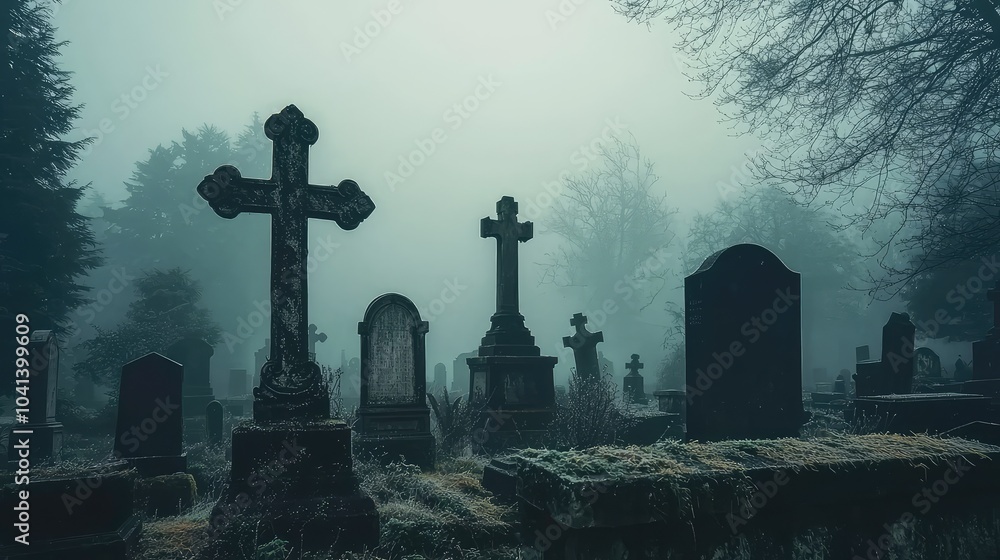Mysterious Foggy Cemetery with Ancient Headstones Mysterious Foggy Cemetery with Ancient Headstones