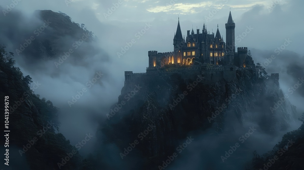 Naklejka premium Mystical Castle on a Hill Surrounded by Fog