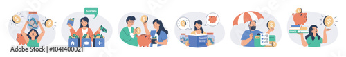 Financial literacy concept set with characters in flat design for web. People saving money in piggy bank, managing personal finance, investing money and using banking services. Vector illustrations.