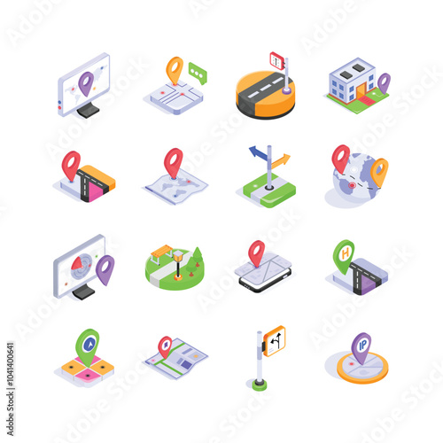 Collection of maps and location isometric icon in modern style, ready for premium use