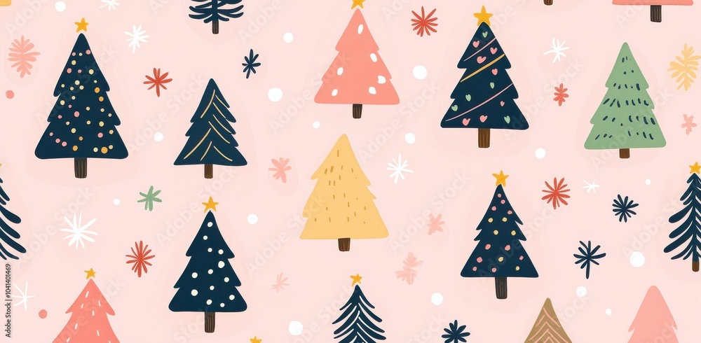 Charming Christmas tree pattern with decorative trees and festive symbols on a soft pink background ideal for holiday-themed designs and creative projects. Charming Christmas tree pattern with decorative trees and festive symbols on a soft pink background ideal for holiday-themed designs and creative projects.