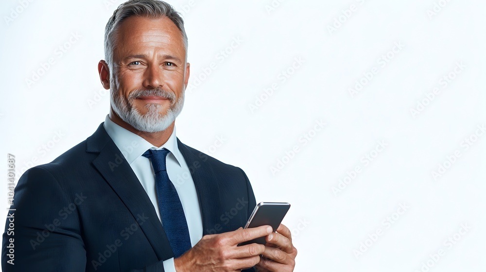 Smiling mature businessman in a formal business suit standing isolated on a clean white background using his smartphone and glancing aside with a confident expression Smiling mature businessman in a formal business suit standing isolated on a clean white background using his smartphone and glancing aside with a confident expression