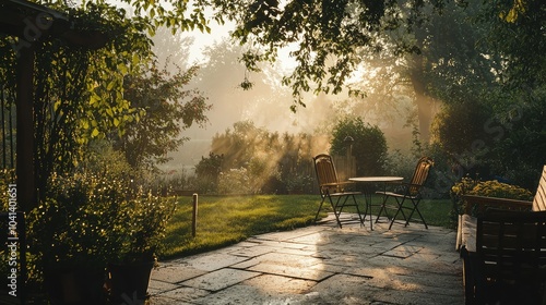 Peaceful Terrace at Dawn with Rising Mist