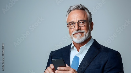 Mature experienced professional businessman in a business suit smiling and using smartphone standing isolated on a clean white background