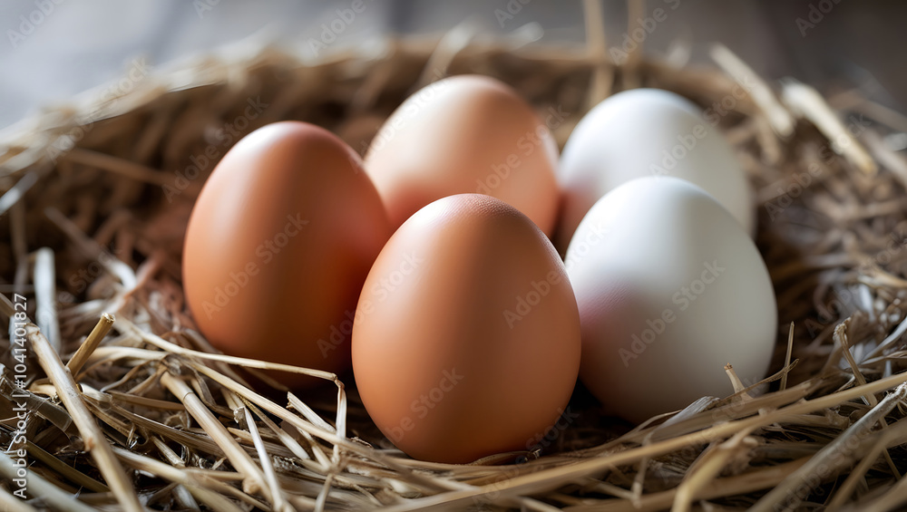 Chicken eggs arranged in a nest of straw grass. Chicken eggs arranged in a nest of straw grass.
