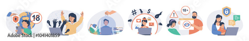 Internet cyber safety for kids concept set with characters in flat design for web. People protecting children online privacy with parental control software, block danger content. Vector illustrations.