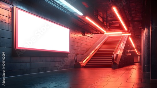 OOH media mockup, blank billboard against modern staircase, soft glowing neon lights in train station underpass, urban tech vibes, realistic textures, subtle details photo