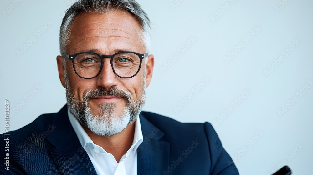 Confident and Successful Mature Businessman Holding Smartphone and Posing Professionally on a White Backdrop Confident and Successful Mature Businessman Holding Smartphone and Posing Professionally on a White Backdrop