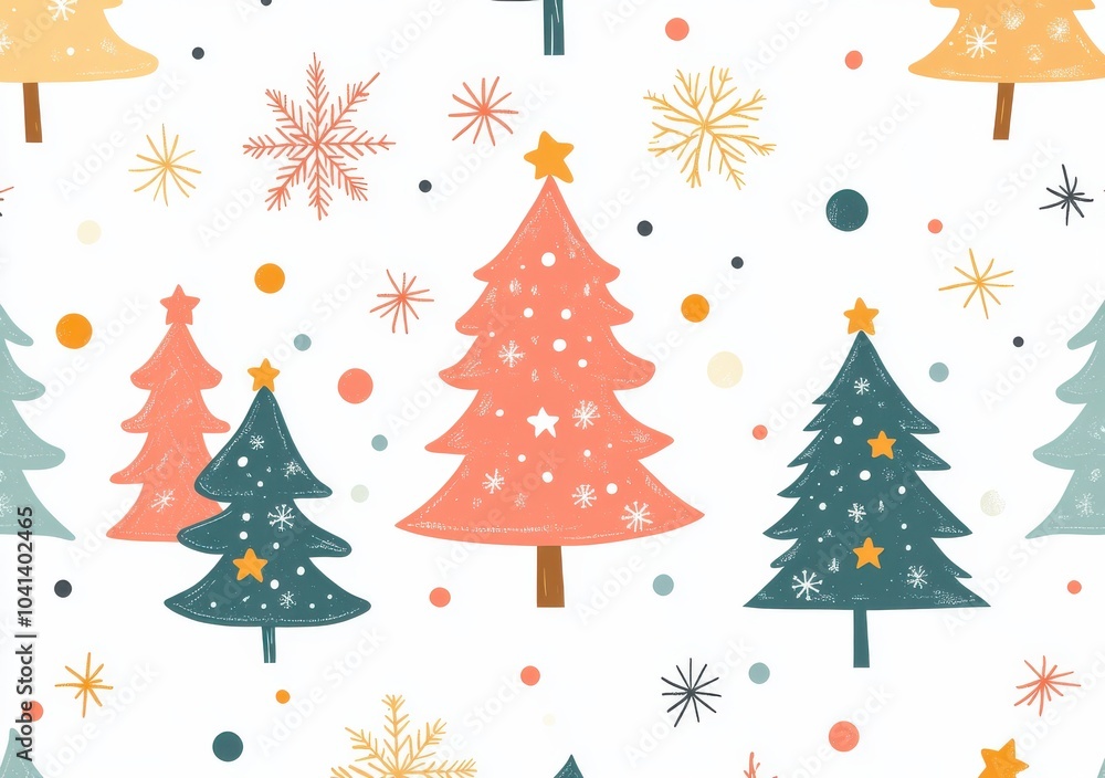Playful Christmas tree pattern with stars and snowflakes in colorful design for festive decoration Playful Christmas tree pattern with stars and snowflakes in colorful design for festive decoration